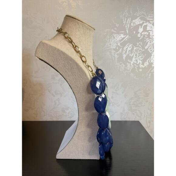 Chunky Blue & Mint Beaded Statement Necklace With Gold Chain - Picture 3 of 5